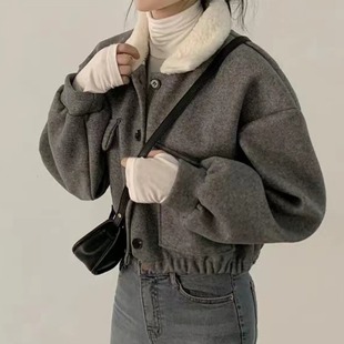 韩国chic秋冬法式减龄毛毛领单排扣宽松百搭长袖收腰短款毛呢外套