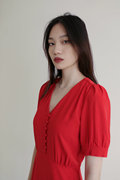 topuna倪妮同款红裙，泡泡袖v领连衣裙，短袖气质纽扣
