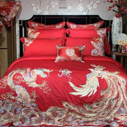 中式婚庆大红色长绒棉四件套，龙凤刺绣结婚床盖款床上用品