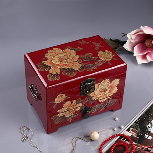 晋元恒大容量首饰盒复古风，妆奁盒中式结婚礼物，手绘古典漆器饰品盒