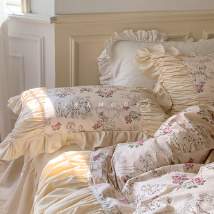 retro复古风蕾丝褶皱床上四件套，床裙款床单被套，纯棉全棉法式床品