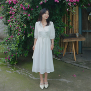 尔尔自制小个子白色仙女裙连衣裙中长裙显气质短袖裙子夏