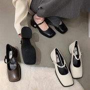 法式黑色粗跟高跟鞋秋冬女鞋子2023方头复古单鞋，玛丽珍小皮鞋