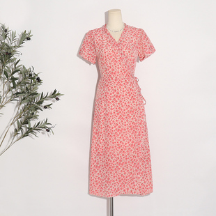 蔷薇粉玫瑰 仙女裙夏法式一片式雪纺碎花连衣裙茶歇长裙