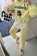 韩国东大门2024春季女士，棉人像连帽休闲卫衣，卫裤套装黄色运动
