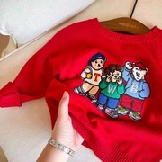 男童女童小熊针织衫红色毛衣秋冬季儿童宝宝卡通毛线衫打底衫保暖