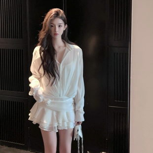 fairyjiang夏季白色衬衫连衣裙收腰绑带蛋糕裙短裙含吊带背心