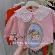 2023韩国女童中大童亲子宽松卡通，洛丽塔钉珠蕾丝娃娃翻领短袖t恤