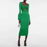 菱形珠子毛针织(毛针织，)雅致裙竖条纹堆堆袖季绿色，连衣裙设计感内销方领
