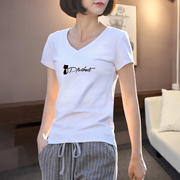 2024夏季白色短袖t恤女v领印花韩版洋气体桖修身小衫简约半袖