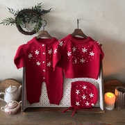韩国进口婴幼童装红色雪花毛衣针织连体衣宝宝圣诞新年衣服