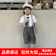 儿童套装男童2023夏季韩版短袖衬衫背带套花童礼服帅气演出服