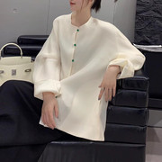 欧洲站2023春季圆领精致排扣中国风A字版真丝醋酸长袖衬衫 女