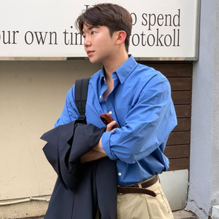 韩国东大门男装长袖衬衫，纯色翻领休闲衬衣糖果，多色入潮搭寸衣