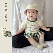 夏季套装婴幼儿韩版洋气圆领t恤0-3岁儿童竖条纹棉质短裤外穿衣服