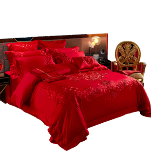 100s大红色刺绣婚庆四件套支全棉婚房床上用品喜被子结婚六十件套