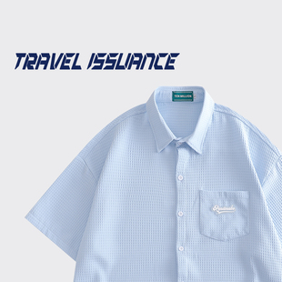 travelissuance想去海边美式复古蓝色华夫格宽松短袖，衬衫男女