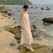 白色露背抹胸吊带连衣裙女夏波西米亚三亚海边度假流苏沙滩长裙子