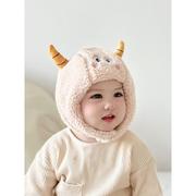 宝宝护耳帽冬季加绒加厚羊羔，毛保暖(毛保暖)婴儿，套头帽儿童可爱小牛角帽子