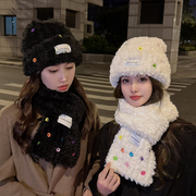 毛绒帽子围巾两件套女冬季韩版时尚，洋气彩色纽扣保暖帽护颈围脖潮
