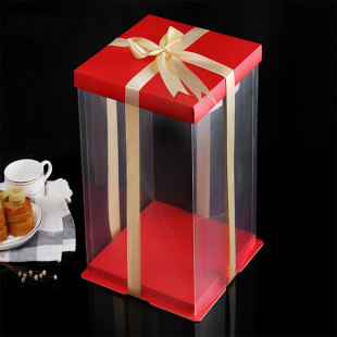 款高透明红色蓝色生日蛋糕，包装盒子6-16寸特高三合一塑料包装