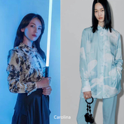 韩国lowclassic衬衫黑白水墨，花朵天蓝色印花长袖，半身裙套装女22s
