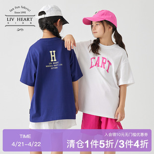 日本LIVHEART儿童纯棉短袖t恤女童夏季插肩袖印花圆领上衣中大童