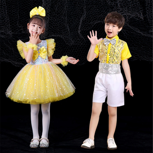 六一女童公主裙演出服，快乐的小星星黄色蓬蓬，纱裙幼儿园舞蹈表演服
