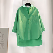 牛油果绿色衬衫上衣女秋季2023韩版时尚，洋气纯色简约衬衣上衣