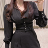 韩国时尚舒适潮女装修身显瘦收腰短款性感深v领百搭长袖雪纺衬衫