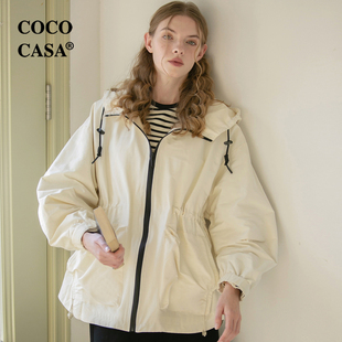 cococasa小个子工装白色风衣女，短款2024春新绿色，棉抽绳欧货外套潮
