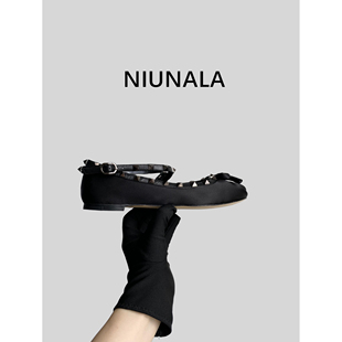 Niunala 2023年早秋圆头黑色蝴蝶结芭蕾舞鞋女铆钉脚踝绑带平底鞋