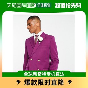 香港直邮潮奢 ASOS 男士设计婚礼紧身金色纽扣紫红色西装外套
