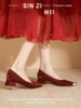 彬姿美绸缎红色婚鞋新娘高跟鞋女气质复古法式方头V口中粗跟单鞋