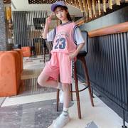 女童夏季套装儿童夏装两件套粉色韩版马甲运动球服五分裤中裤薄款