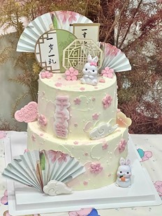 中式兔宝宝周岁生日蛋糕装饰小兔子百天满月宴国风甜品台装扮插件