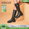 接吻猫春季骑士靴机能，长筒靴舒适真皮方头粗高跟，时装靴女