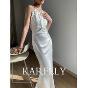karfely醋酸缎面连衣裙白色，挂脖吊带裙鱼尾长裙高级感醋酸裙长裙