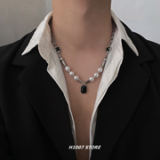 珍珠黑宝石钛钢项链女小众，设计感高级锁骨，链男毛衣链2024年潮