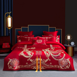 品牌高端刺绣60支结婚四件套婚庆全棉纯棉被套大红色婚房床品