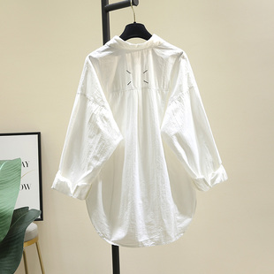 设计感刺绣中长款白衬衫女2024春季韩版宽松显瘦衬衣长袖上衣