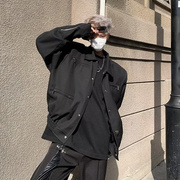 黑色cleanfit正肩短款垫肩外套，男款美式高级感痞帅机车服工装夹克