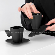 趣皿ins创意耀黑蝴蝶四叶草玻璃，杯碟套装带把咖啡杯早餐杯子收藏