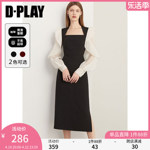 dplay初春连衣裙法式撞色黑色长裙，设计感长袖礼服裙女小黑裙