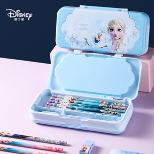 迪士尼塑料文具盒女童爱莎公主文具收纳盒大容量双层铅笔盒女孩小学生多功能学习用品女生儿童笔袋一年级专用