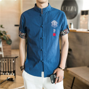 夏季中国风短袖衬衫，男士唐装古装棉麻汉服，复古盘扣中山装立领衬衣