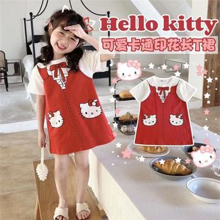 女童公主裙2023夏季洋气时尚假两件KT猫连衣裙短袖网红T恤裙