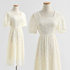 超仙雪纺绣花连衣裙女夏季法式白色泡泡袖珍珠方领甜美仙女裙