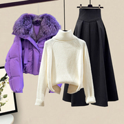 紫色短款加绒加厚毛领棉服外套女冬季半高领针织毛衣搭高腰半身裙