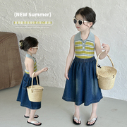 女童挂脖针织背心牛仔半身裙夏装24韩版时髦儿童夏季露背上衣